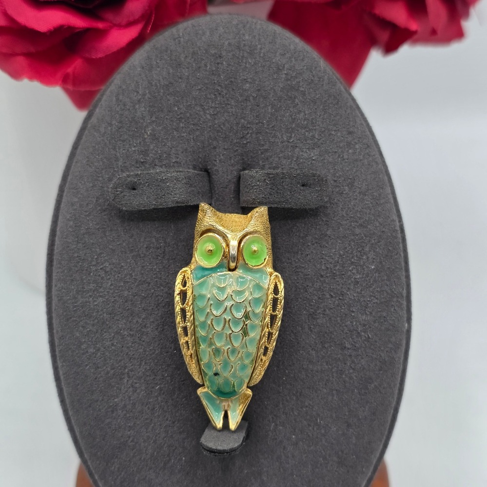 Vintage Gold Tone Teal Green Enamel Owl‎ Brooch Bird Pin Whimsical Animal Retro